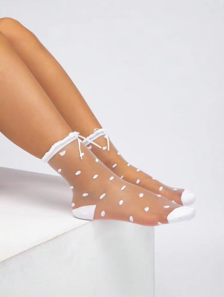Women’s Sheer Polka Dot Ankle Socks with Lace-Up Cuff – Tan & White